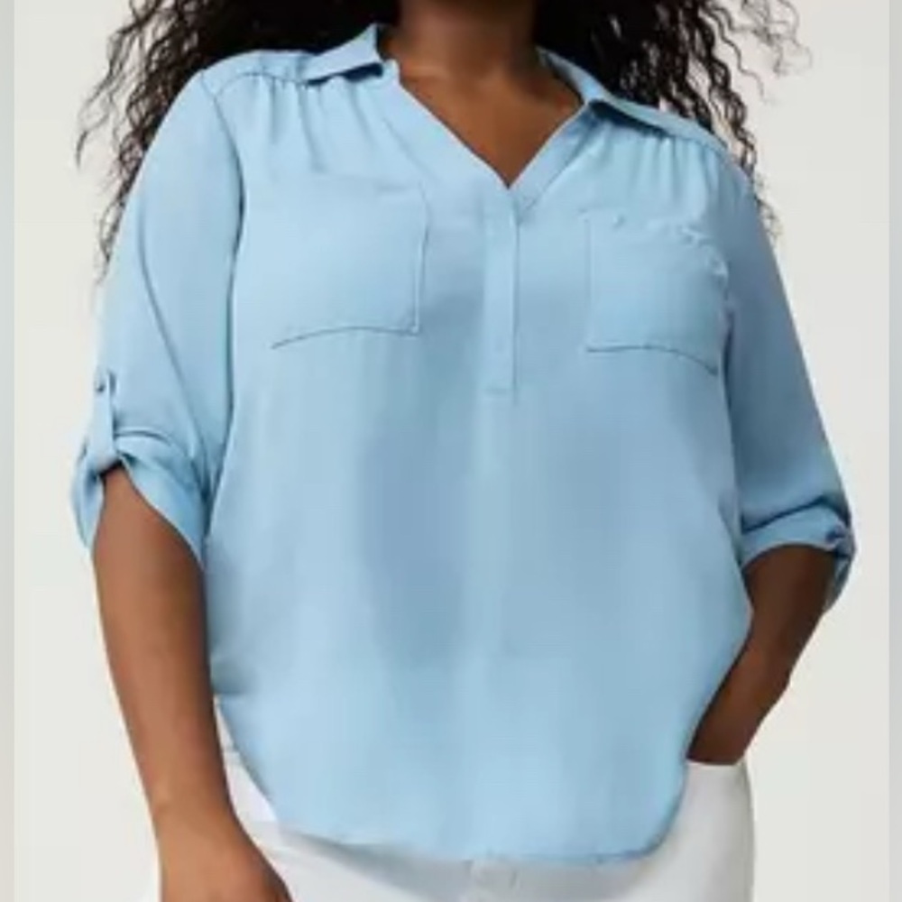 #x166 - Torrid Harper Georgette Collared 3/4 Sleeve Blouse Mountain Spring Blue - Picture 2 of 12